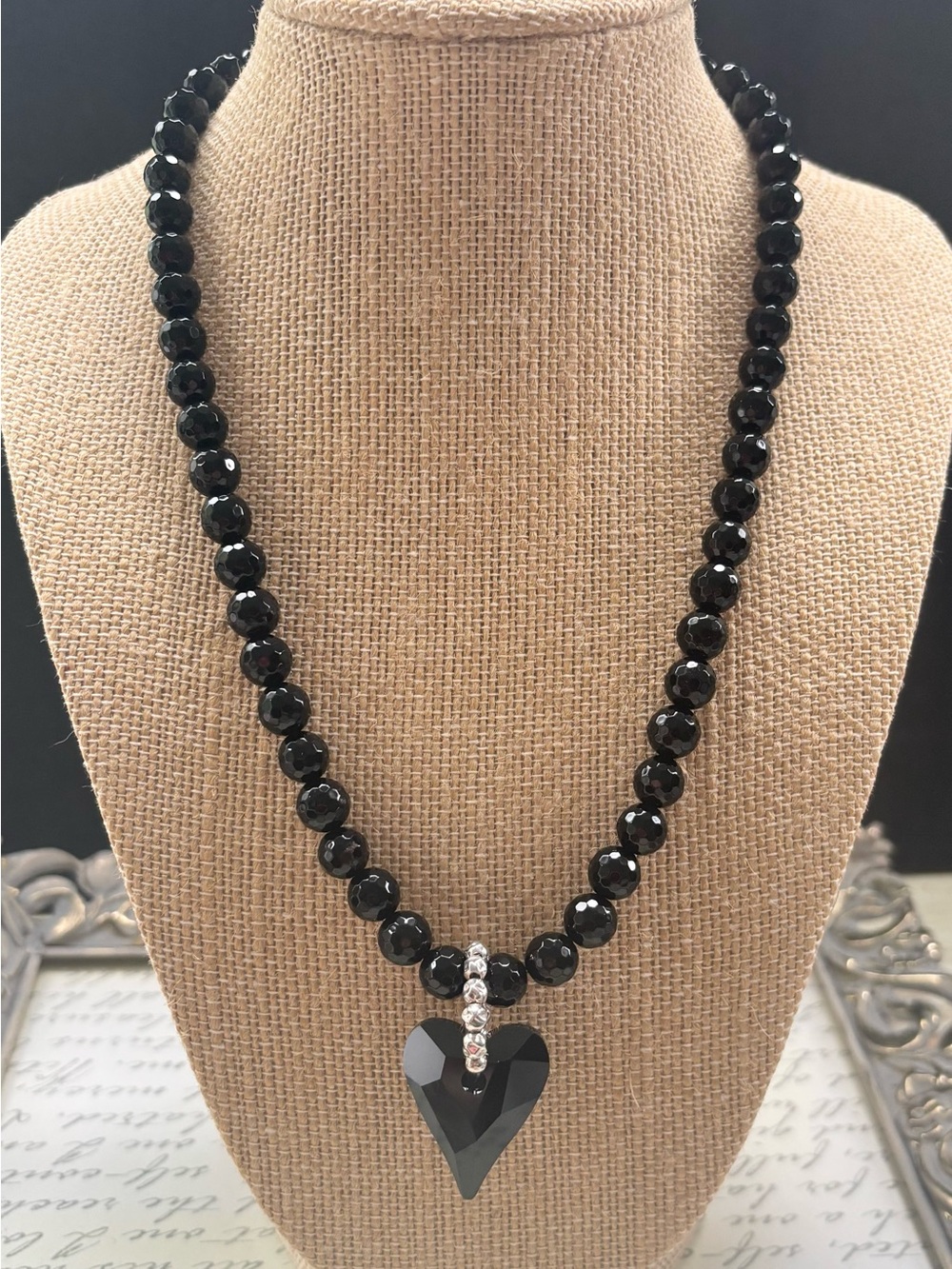 Faceted Black Onyx Bead Necklace with Swarovski Heart Pendant Sterling Silver